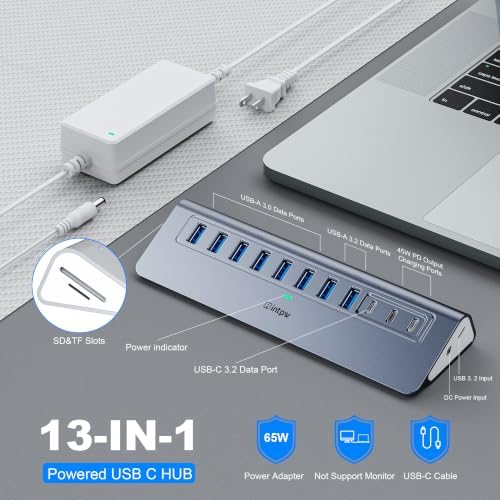 Powered USB Hub 10Gbps, Intpw YH9AC Plus 13-Port USB 3.2 Hub(USB A+USB C 3.2+6 USB-A 3.0+2 PD 45W Fast Charging Port+SD/TF Card Reader), 65W Power Adapter,Aluminum USB HUB for PC,Laptop,iPhone 17/16 - Image 2