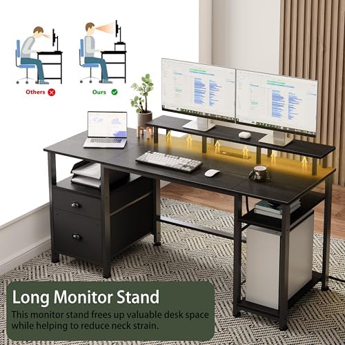Furologee 61" Gaming Desk with Outlets & LED, Large Computer Desk, Black - Image 7