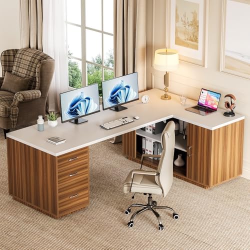 LITTLE TREE 87-Inch Modern Executive Desk with File Cabinet, Large Home Office Desk with Drawers, 3-Drawer Wooden File Cabinet, Spacious Workstation for Home Office (White & Brown) - Image 5