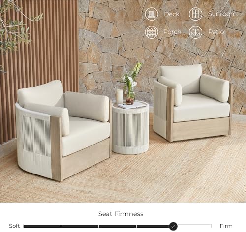 CHITA 3-Piece Boho Patio Rattan Bistro Set, FSC Acacia Wood Frame, Cream - Image 4