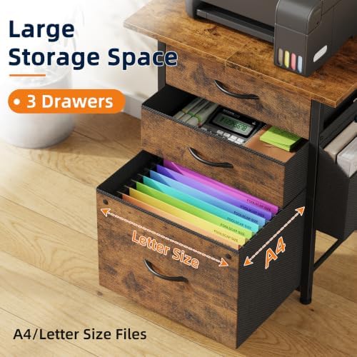 HIGDBFE 3 Drawer File Cabinet with Charging Station, 49''H Tall, 3-Tier Small Filing Cabinet for Home Office, 20''*15'' for Small Printer, Fabric Drawer, Printer Stand, Rustic Brown - Image 6