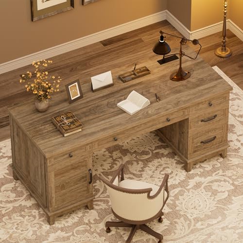 60" Traditional Home Office Desk with Power Outlets, Wooden Executive Desk with File Cabinet and Drawers, Farmhouse Wood Work Desk for Work, Study, Writing, Gray - Image 5