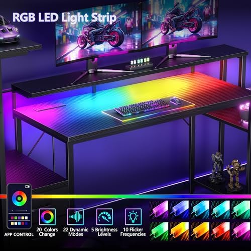 Korfile 55 Inch Gaming Desk with Bluetooth LED Lights & Power Outlets,Computer Desk with Fabric Drawers & Hooks,Reversible Gamer Table with Monitor Stand for Game Room,Home Office,Carbon Fiber Black - Image 4