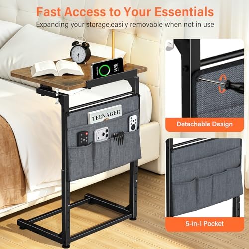 Small C Shaped End Table Set of 2, Slide Under Sofa Adjustable Height Side Table with Tilting Desktop, TV Tray Night stand with Storage Bag, Couch Table for Living Room Bedroom Narrow coffee table - Image 4