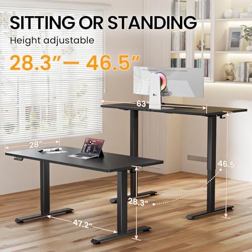 Veken 63"x28" Wider Large Standing Desk, Electric Height Adjustable, Black - Image 3