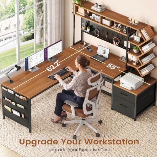 SEDETA L Shaped Office Desk with Drawers and Hutch, Convertible 97.6" Double Computer Desk, Corner Gaming Desk with Storage Shelves, LED Light and Power Outlet, Black and Brown - Image 7