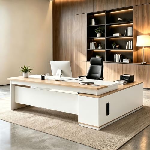L Shaped Executive Desk with Drawers, Large Wood Workstation, Modern Executive Office Furniture for Home Office and Business Workspace, Multiple Sizes & Colors by Unknown