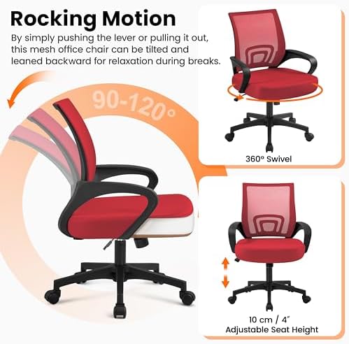 Yaheetech Mid Back Mesh Computer Office Desk Chair Adjustable Swivel, Red - Image 6