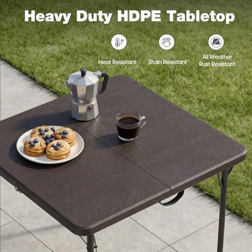 34" Square Folding Table for 4 Person, 330lbs Weight Capacity Foldable Table with HDPE Tabletop & Heavy-Duty Steel Legs, Portable Picnic Table for Indoor Outdoor Parties, Camping, Coffee Woodgrain - Image 4