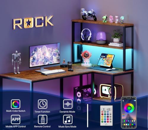 HOOBRO L Shaped Gaming Desk, 46 Inch Reversible Computer Desk with LED Light & Power Outlet, Office Desk with Storage Shelves & Drawer, for Home Office, Study, Rustic Brown and Black BF18UDDN01 - Image 5