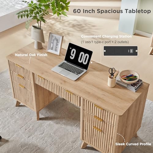 T4TREAM 60" Modern Fluted Executive Desk with Drawers, Natural Oak - Image 5