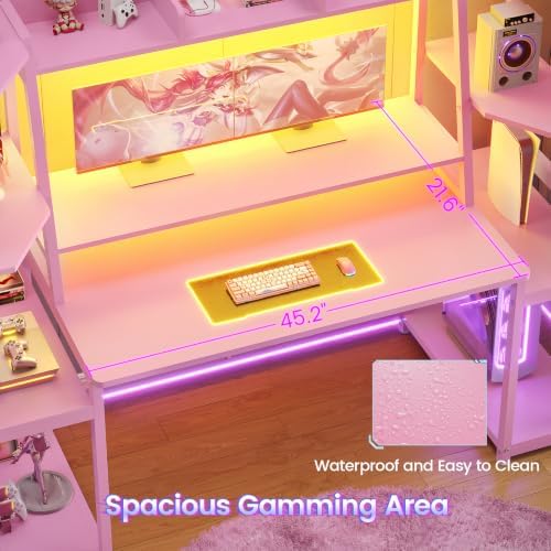SEDETA 65.7'' Gaming Desk with LED Lights, Hutch and Storage Shelves, Pink - Image 5