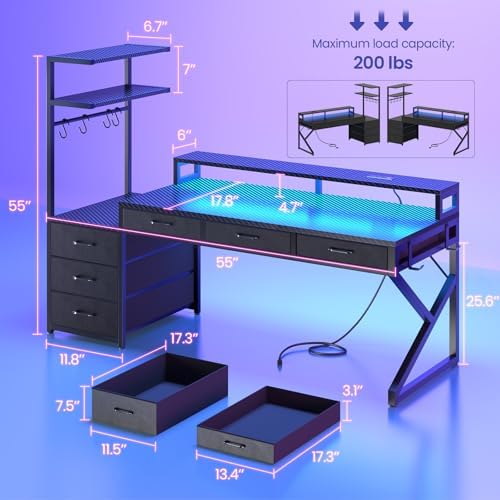 SEDETA 55" Gaming Desk with 6 Drawers and Hutch, Reversible, LED Lights - Image 2