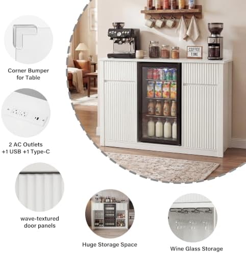 55.1" Coffee Bar Cabinet with Mini Fridge Space, Power Outlet, White - Image 6