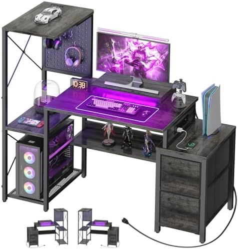Small Gaming Desk with 2 Fabric Drawers - Reversible Computer Desk with Power Outlet & LED Lights, 49" Office Desk with Monitor Stand & Storage Shelves, Writing Study Table with Pegboard, Grey Oak by Besiost