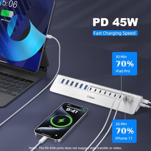 Powered USB Hub 10Gbps, intpw 15-Port USB 3.2/USB C Hub (6 x USB-A 3.2 + 7 x USB-C 3.2 10Gbps +2 x PD 45W Fast Charging Ports), 3Ft Cable, Aluminum USB Hub for PC/Laptop/iPhone 17/16/MacBook Neo - Image 4