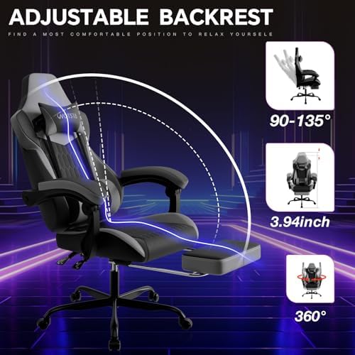 Gaming Chair with Footrest, High Back Gaming Chairs PVC Leather Ergonomic Gamer Chair with Adjustable Headrest Lumbar Support Racing Style Video Gaming Chair for Office/Home (BlackGrey) - Image 4