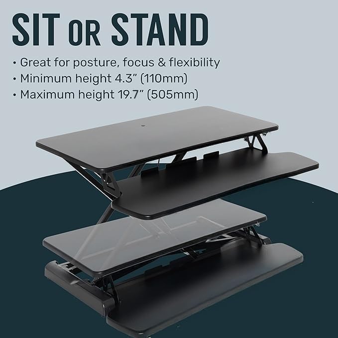 TechOrbits Standing Desk Converter - 42 Inch Adjustable Sit to Stand Up Desk Workstation, MDF Wood, Ergonomic Desk Riser with Keyboard Tray, Desktop Riser for Home Office Computer Laptop, Black 42" - Image 4