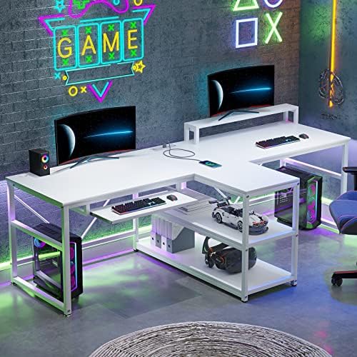 SEDETA 94.5" 2 Person Gaming Desk with Storage Shelves, LED Light, White by SEDETA