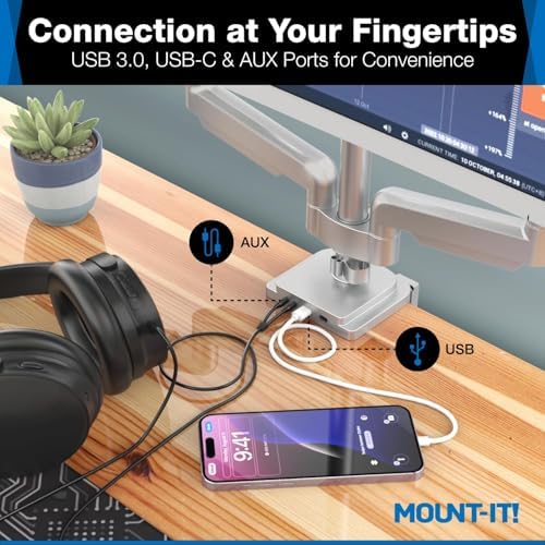 Mount-It! Triple Monitor Mount with Gas Spring Arms, Fits 24–32 Inch Screens, USB & Audio Ports, Full Motion Desk Stand with Tilt, Swivel & Rotation, Heavy Duty Silver 3 Screen Arm with Clamp - Image 3