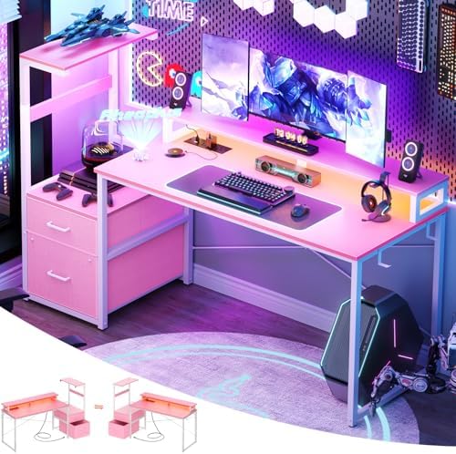 Aheaplus 59" Gaming Desk with RGB LED & Power Outlet &PC Case/Printer Stand by Aheaplus