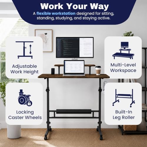 Small Rolling Desk with Wheels, Adjustable Height 27"-43.3" Portable Standing Desk, 31.5"x15.7" Tabletop, Mobile Laptop Computer Table for Home Office Workstation, Rustic Brown - Image 4