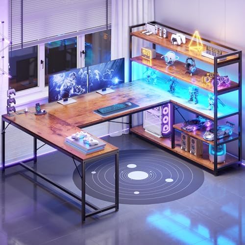 SEDETA L Shaped Desk with Storage Shelves, 63” Reversible U Shaped Office Desk, Gaming Desk with Power Outlet and LED Lights for Home Office, Rustic Brown - Image 3