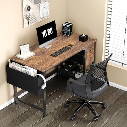 Lufeiya Computer Desk with Fabric Drawers, 47 Inch Desk for Small Space Home Office, Modern Simple Study Writing Table PC Desks for Bedroom, Rustic Brown - Image 2