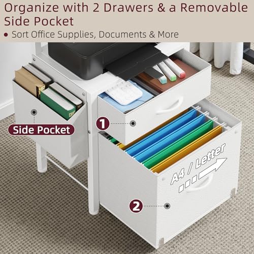 HIGDBFE File Cabinet with 2 Fabric Drawers and Printer Stand, White - Image 4