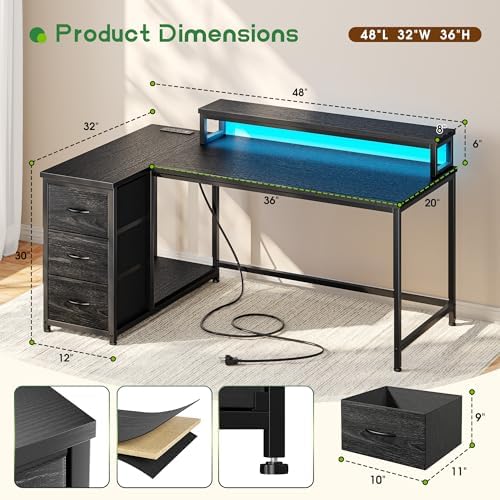EnHomee 48" Gaming Desk with 3 Storage Drawers&LED for Teen Gamers, Reversible Corner Computer Desk with Power Outlet & Shelves for Home Office Bedroom, L Shaped Teen PC Desk with Monitor Stand,Black - Image 2