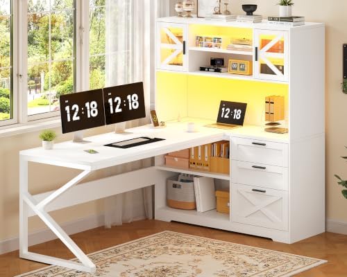 59" Farmhouse L Shaped Gaming Desk with Storage Drawers, LED Lights, Outlet by YomiluveDesign