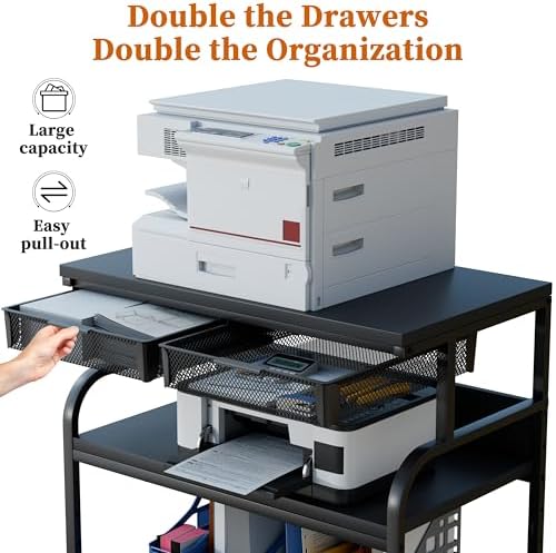 EasyCom 32.3"×18.9" XL Printer Stand with Double Drawers & Wheels - Image 3