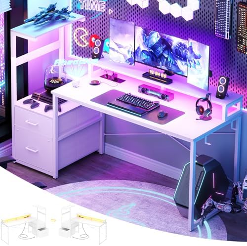 Aheaplus 59" Gaming Desk with RGB LED & Power Outlet &PC Case/Printer Stand by Aheaplus