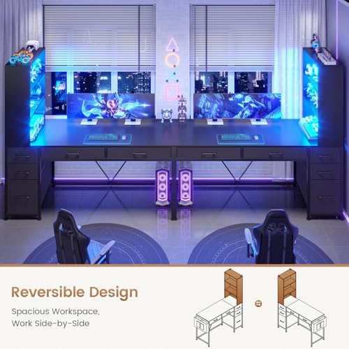 SEDETA Computer Gaming Desk with 5 Drawers and Bookshelf, Reversible Home Office Desk with Storage Shelves and File Drawer, Corner Desk with LED Lights for Small Spaces, Black - Image 5