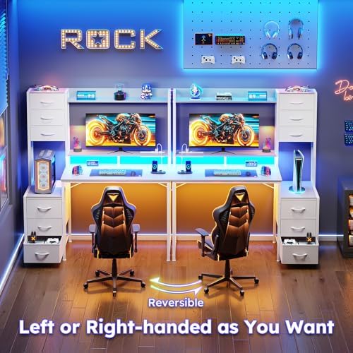 MUTUN 47 Inch Computer Gaming Desk with Hutch Power Outlet and LED Strip, Home Office Work Study Writing Desk with 6 Fabric Drawers and Storage for Bedroom, Escritorios para Computadoras, White - Image 6