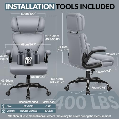 Office Chair, Ergonomic Big and Tall Computer Desk Chair with Retractable Adjustable Headrest, Executive Breathable Leather Chair, Lumbar Support Swivel Flip-up Armrests Rocking Function,Matte Gray - Image 3