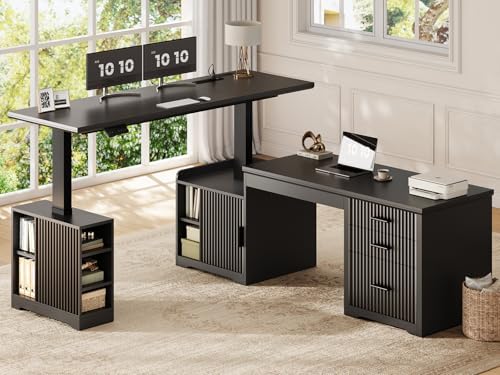 SEDETA Fluted L Shaped Electric Standing Desk, 63" x 67" Height Adjustable Home Office Executive Desk with Drawers and Shelves, Two Person Desk with Power Outlet for Home Office, Black by SEDETA