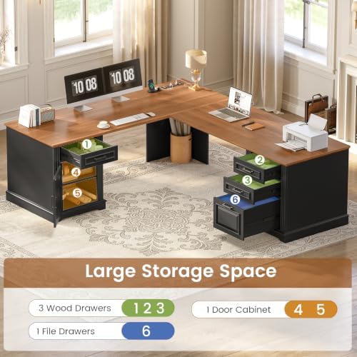 SEDETA Farmhouse 69" Executive L Shaped Desk, Home Office Desk with Drawers and Storage Cabinet & Power Outlet, Corner Computer Desk, Black - Image 3