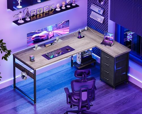 AODK 61" L Shaped Gaming Desk with 4 Drawers and Power Outlets, Grey - Image 2