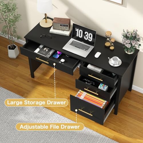 Executive Desk with Drawers: 54" Black Home Office Desks with File Drawer - Image 5
