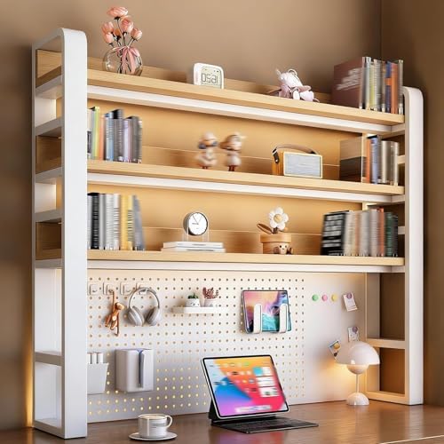 2/3/4 Tier Desktop Bookshelf with Pegboard and Storage Parts, Metal Desktop Organizer Hutch, Desk Shelves for Top of Desk, Shelf Organizer Display Rack for Dorm Home(White+Wood,4-tier L61in) by Unknown