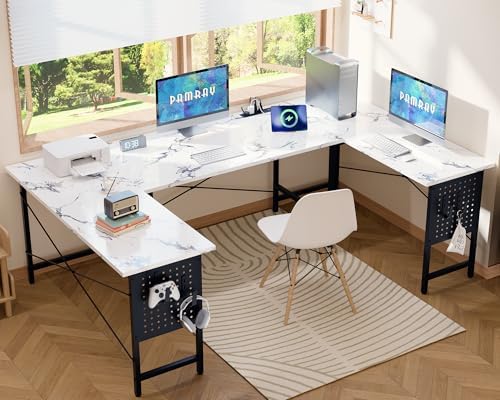 Pamray 71 Inch Large Computer Desk with Power Outlets,U Shaped Corner Desk for Home Office Work and Gaming Marble - Image 3