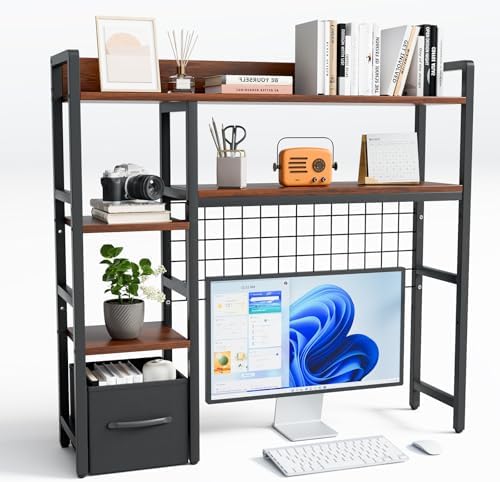 Desk Hutch for Computer Monitor,Desktop Bookshelf Organizer,4 Tier Desk Hutch with Grid Panel,38.6" Desk Shelf Storage Rack for Home Office,Study,Dorm,Black by Unknown