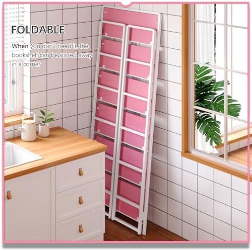 4NM No Assembly 6 Tier Folding Bookshelf Tall Storage Shelves Vintage Bookcase Standing Racks Study Organizer Home Office - Image 4