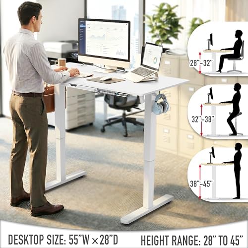 SHW 55 x 28 Electric Height Adjustable Standing Desk w/Drawer, White - Image 6