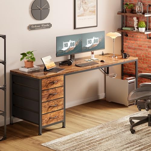 PRAISUN 63 Inch Computer Office Desk with Power Outelts and USB-C Port, Reversible Gaming Desk with 4 Fabric Drawers, Work Study Desk Work from Home, Rustic Brown - Image 2
