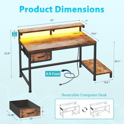 DurayLoly 32" Office Desk with Power Outlet & Fabric Drawer,Rustic Brown - Image 3