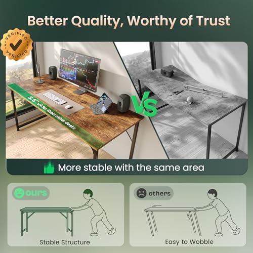 Huuger Computer Desk, 55 Inch Home Office Desk, Gaming Writing Work from Home Study Desk, Large Legroom, Sturdy Metal Frame, Modern Simple, Rustic Brown - Image 4