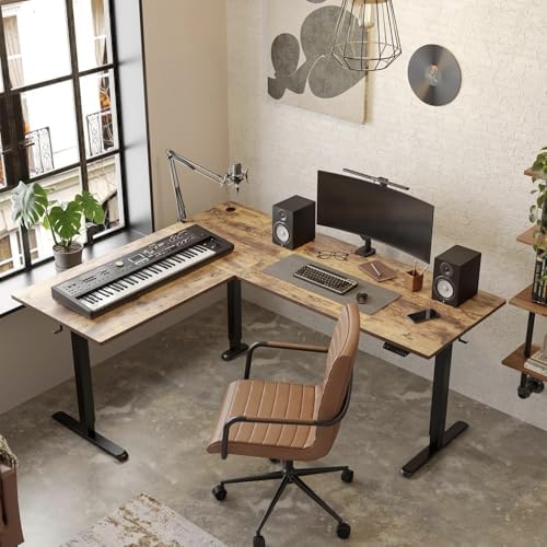 FEZIBO 63" x 48" L-Shaped Standing Desk - Adjustable Corner Desk, L-Shaped Adjustable Desk with Splice Board, Rustic-Brown - Image 3