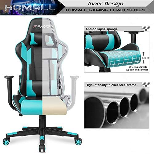 Homall Gaming Chair, Office Chair High Back Computer Chair Leather Desk Chair Racing Executive Ergonomic Adjustable Swivel Task Chair with Headrest and Lumbar Support(Cyan) - Image 5